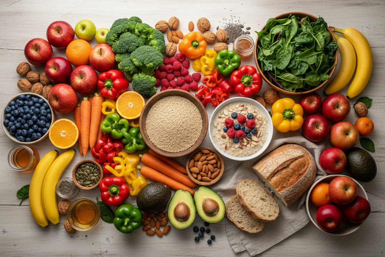 Auf dem Tisch sind sehr gesunde Lebensmittel verteilt 